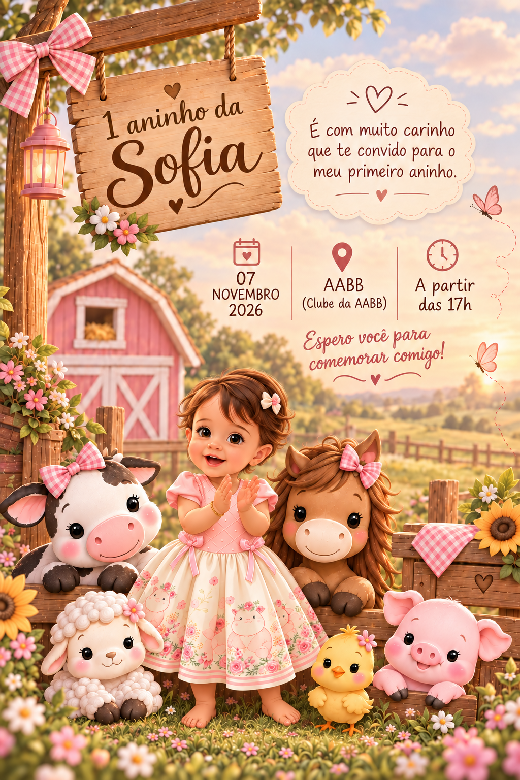 Convite da Sofia: 1 aninho, 7 de novembro de 2026, a partir das 17h, na AABB. Ilustração de fazendinha com animais.